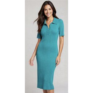 Caroline Constas Turquoise Blue Rib Knit Crochet Collar Bodycon Midi Dress